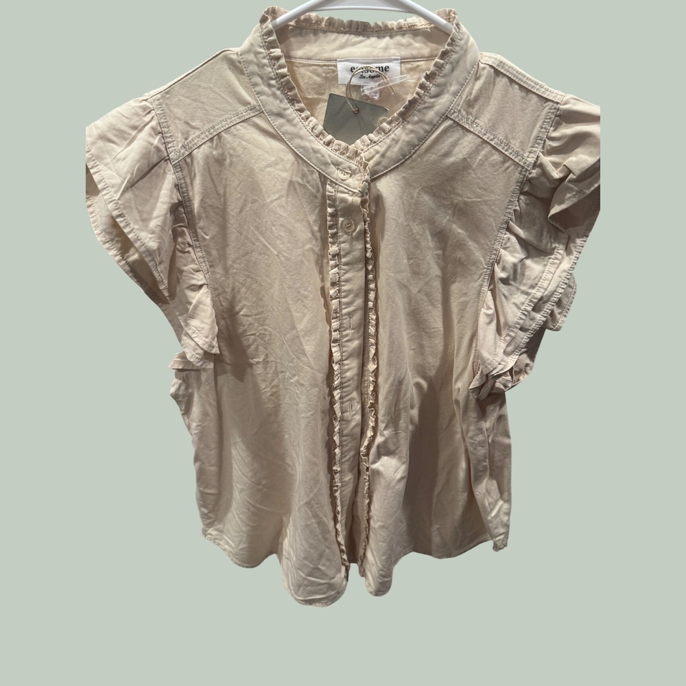 Ee:some Los Angeles Tan Beige Ruffle Trim Button Down Blouse Womens Large NWT